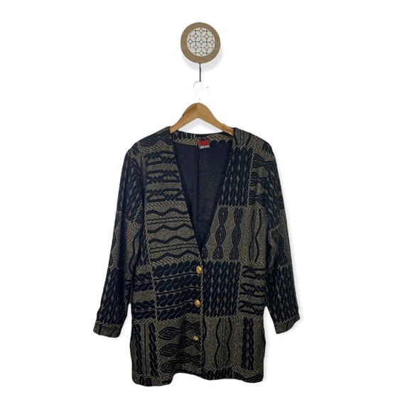 Vintage Jackets & Blazers - Vintage 90’s Black & Metallic Gold Long Blazer Jacket Cardigan